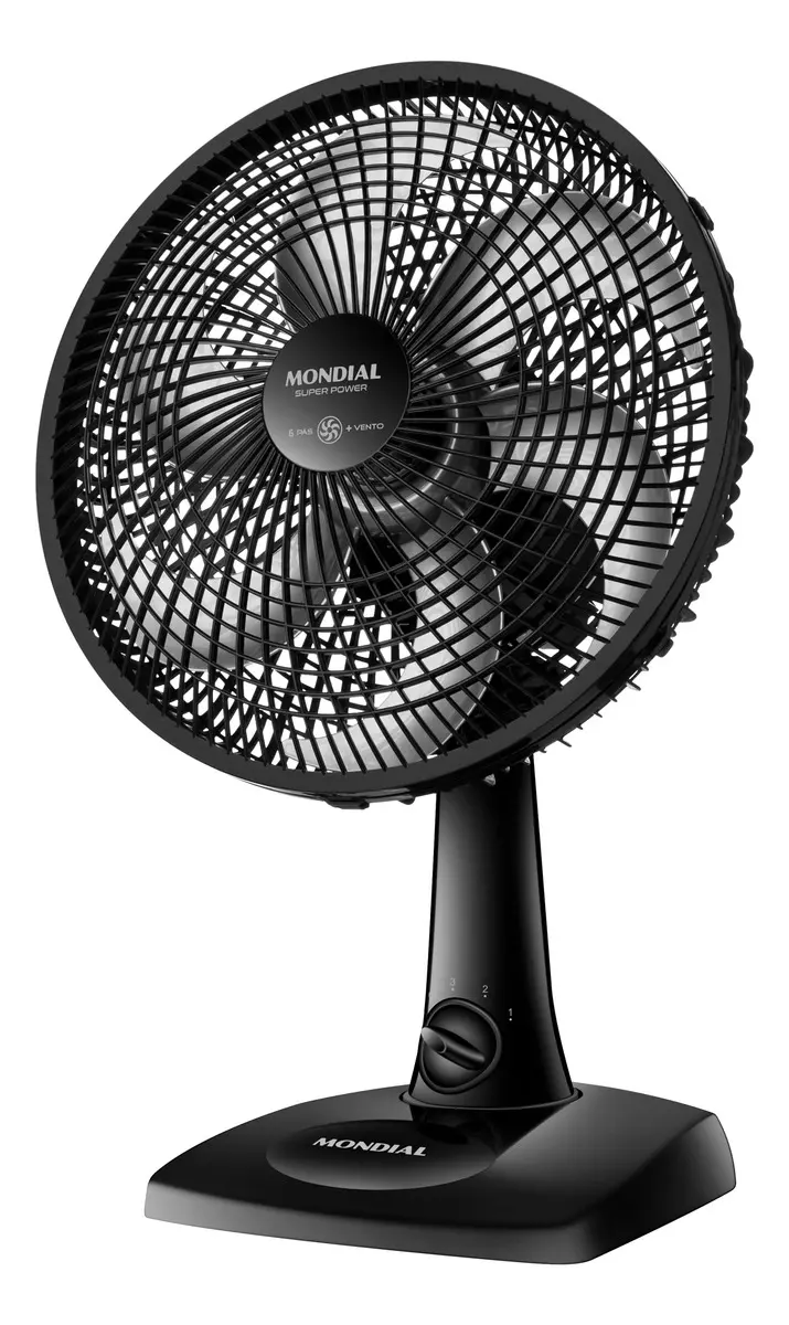 Ventilador de mesa Mondial Super Power VSP-30-B preto, visto de frente sobre fundo branco.