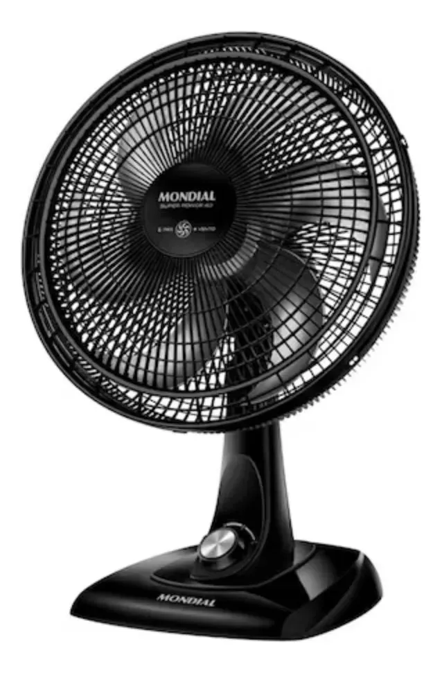 Ventilador de mesa Mondial Super Power VSP-40-B preto e cinza sobre fundo branco.